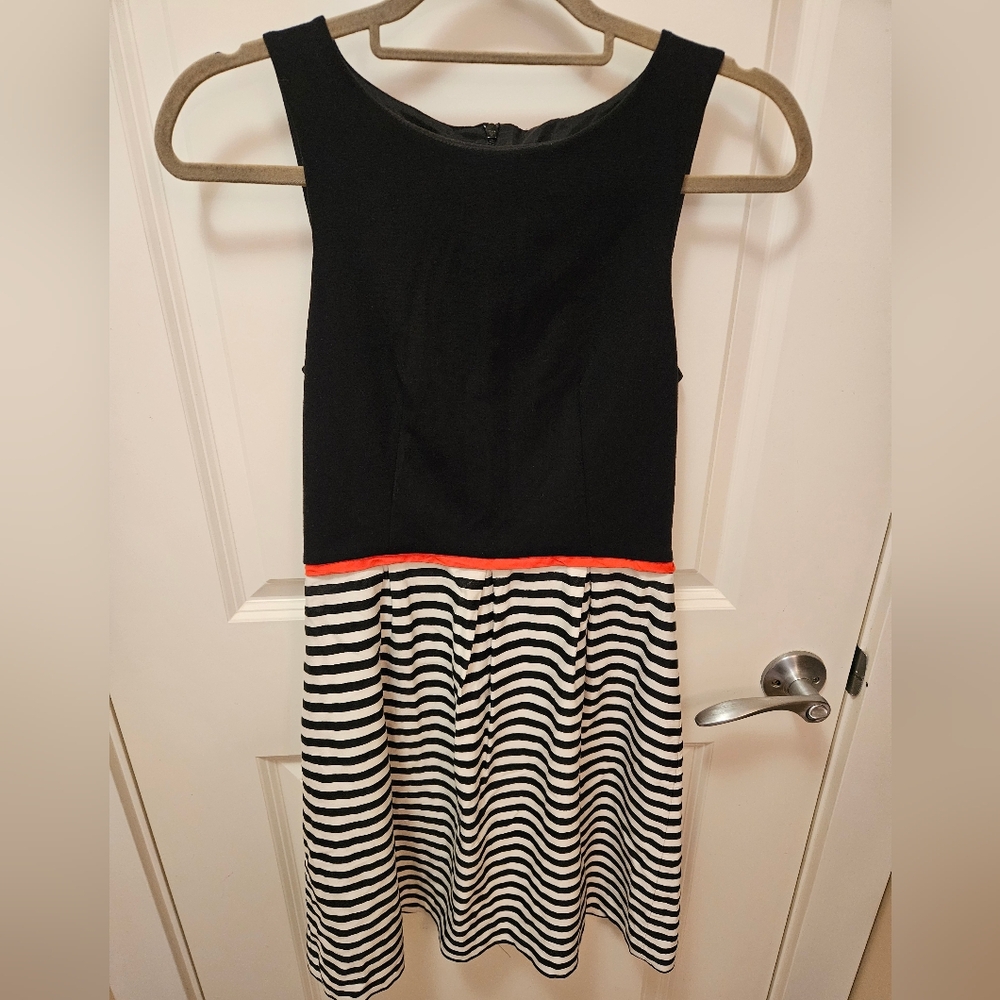 Judith & Charles Black and White Striped Dress with Red Accent